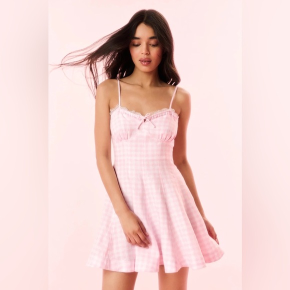 NEW LoveShackFancy Shai Linen Gingham Mini Dress Pink | US 2 UK 6 - Picture 2 of 15